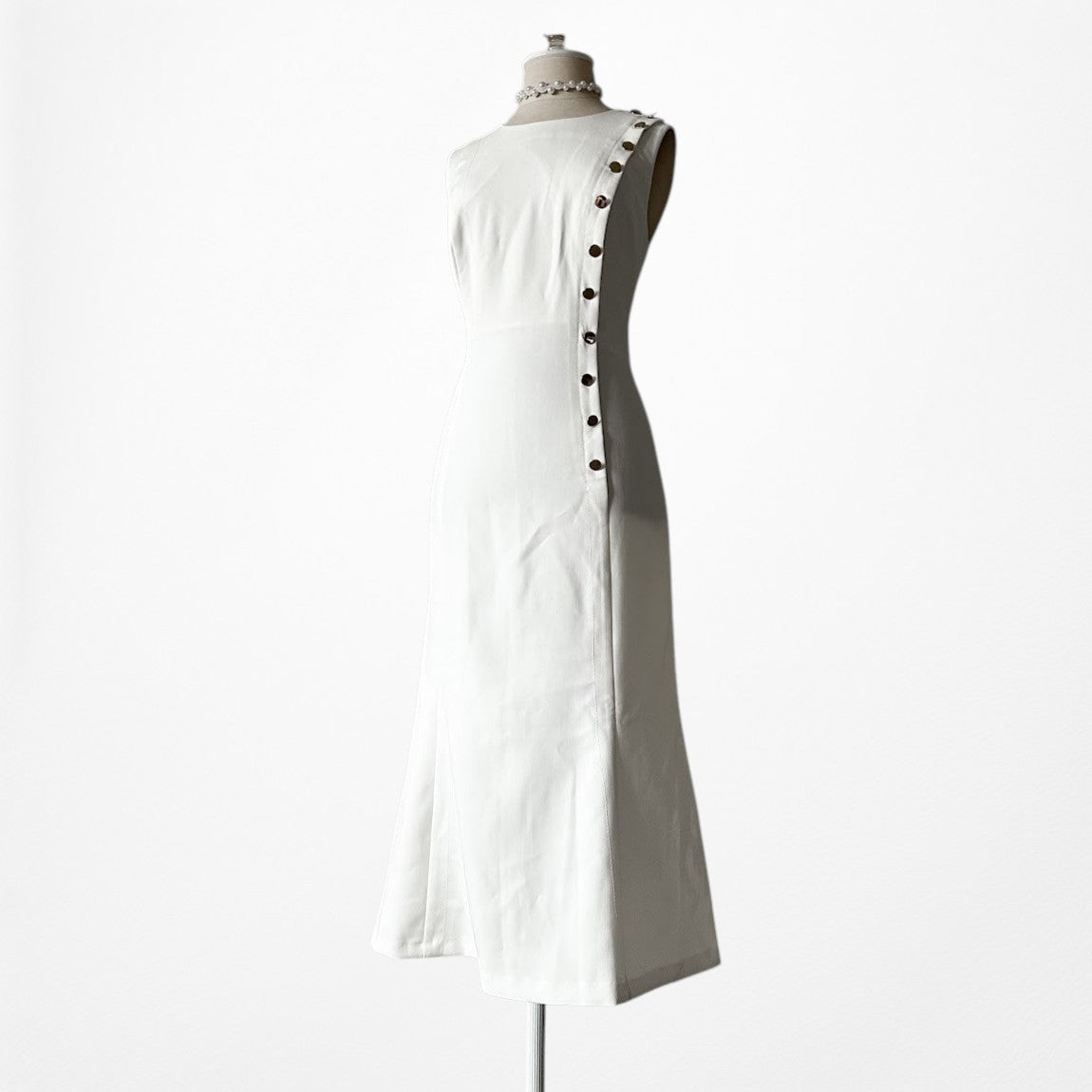 Vintage Y2K 90s Off White Button Front Flared A-Line Midi Cocktail Dress Size M