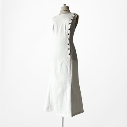 Vintage Y2K 90s Off White Button Front Flared A-Line Midi Cocktail Dress Size M