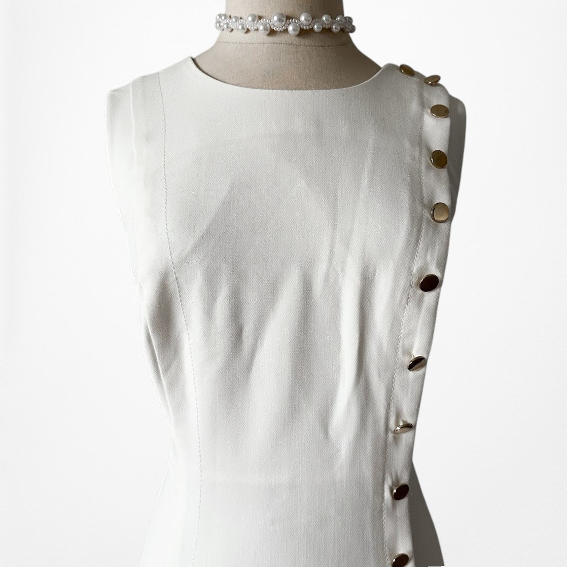 Vintage Y2K 90s Off White Button Front Flared A-Line Midi Cocktail Dress Size M