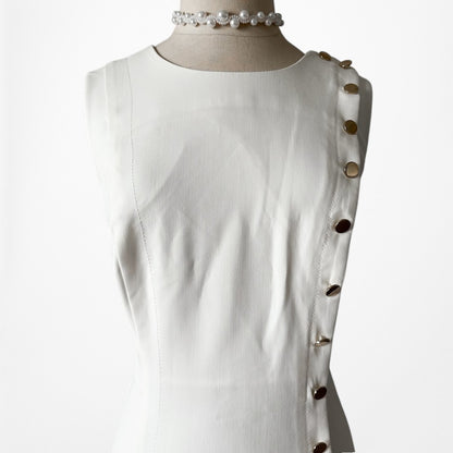 Vintage Y2K 90s Off White Button Front Flared A-Line Midi Cocktail Dress Size M