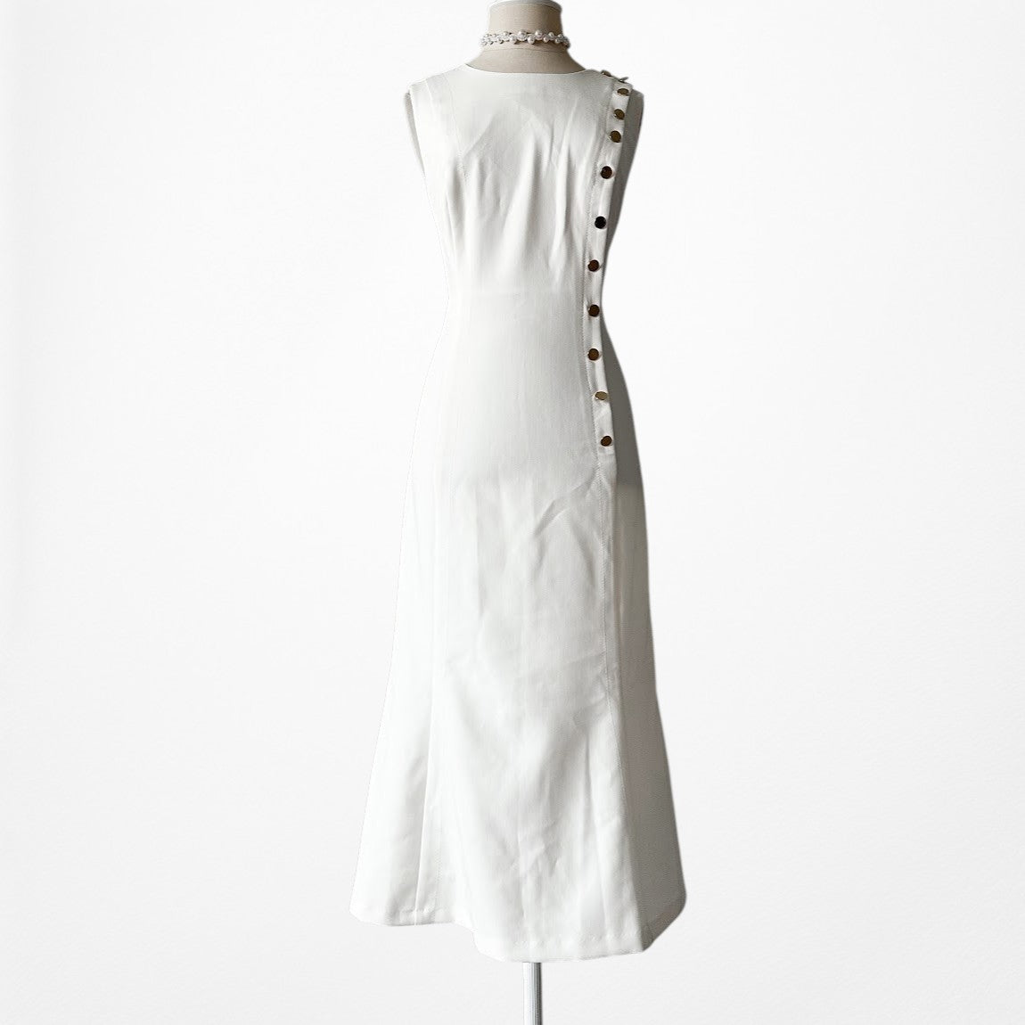 Vintage Y2K 90s Off White Button Front Flared A-Line Midi Cocktail Dress Size M