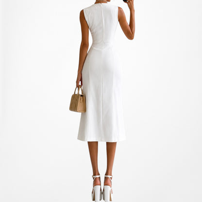 Vintage Y2K 90s Off White Button Front Flared A-Line Midi Cocktail Dress Size M