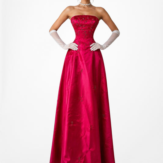 Vintage Y2K Pink Strapless Floral Beaded Tulle Flared Maxi Prom Dress Size XS/S