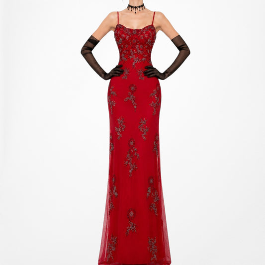 Vintage Y2K Red Floral Beaded Mesh Maxi Formal Bodycon Prom Dress Gown Size S