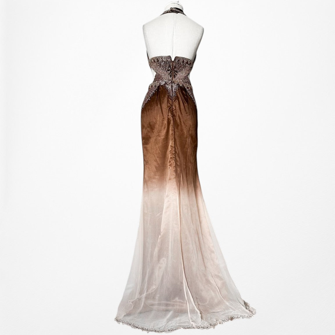 Vintage Y2K Brown Silk Ombre Beaded Halter Front Slit Maxi Prom Dress Size XS/S