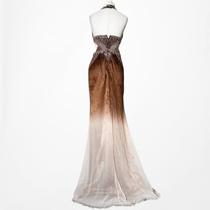 Vintage Y2K Brown Silk Ombre Beaded Halter Front Slit Maxi Prom Dress Size XS/S
