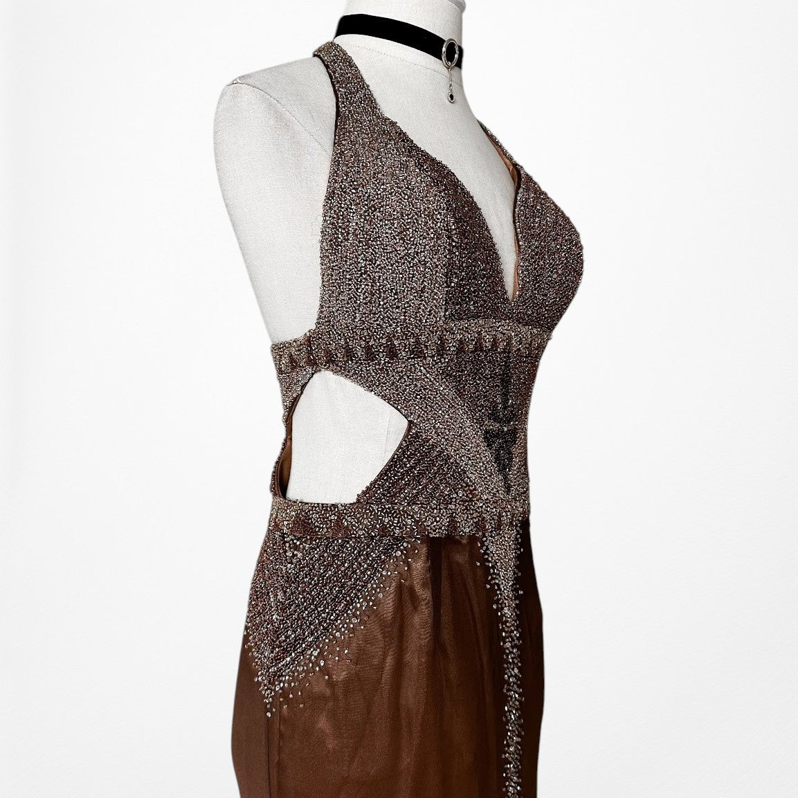 Vintage Y2K Brown Silk Ombre Beaded Halter Front Slit Maxi Prom Dress Size XS/S