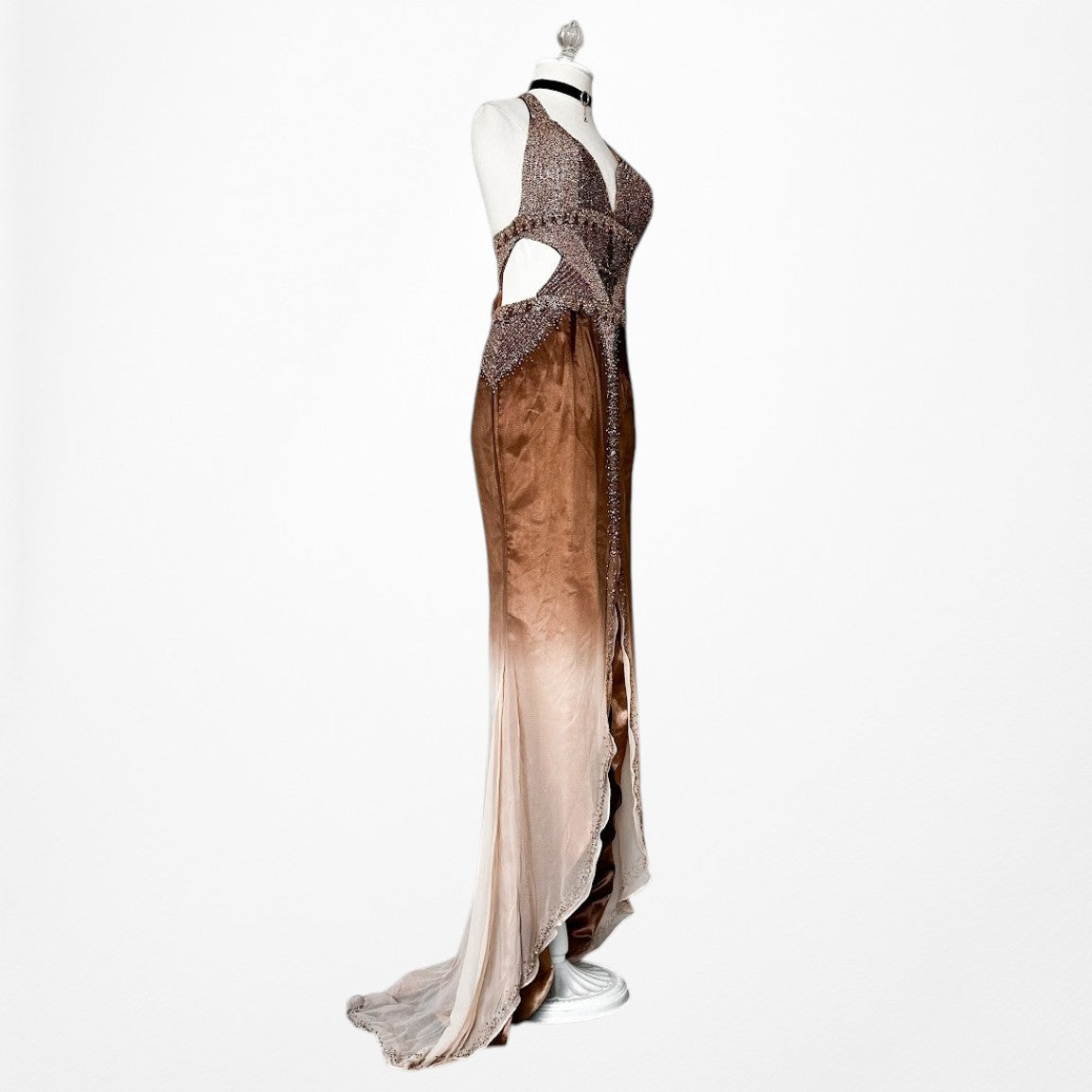 Vintage Y2K Brown Silk Ombre Beaded Halter Front Slit Maxi Prom Dress Size XS/S