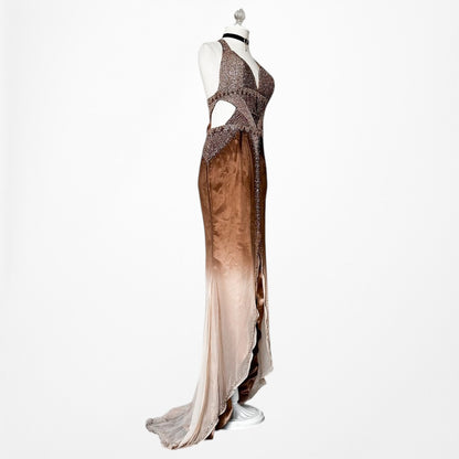 Vintage Y2K Brown Silk Ombre Beaded Halter Front Slit Maxi Prom Dress Size XS/S