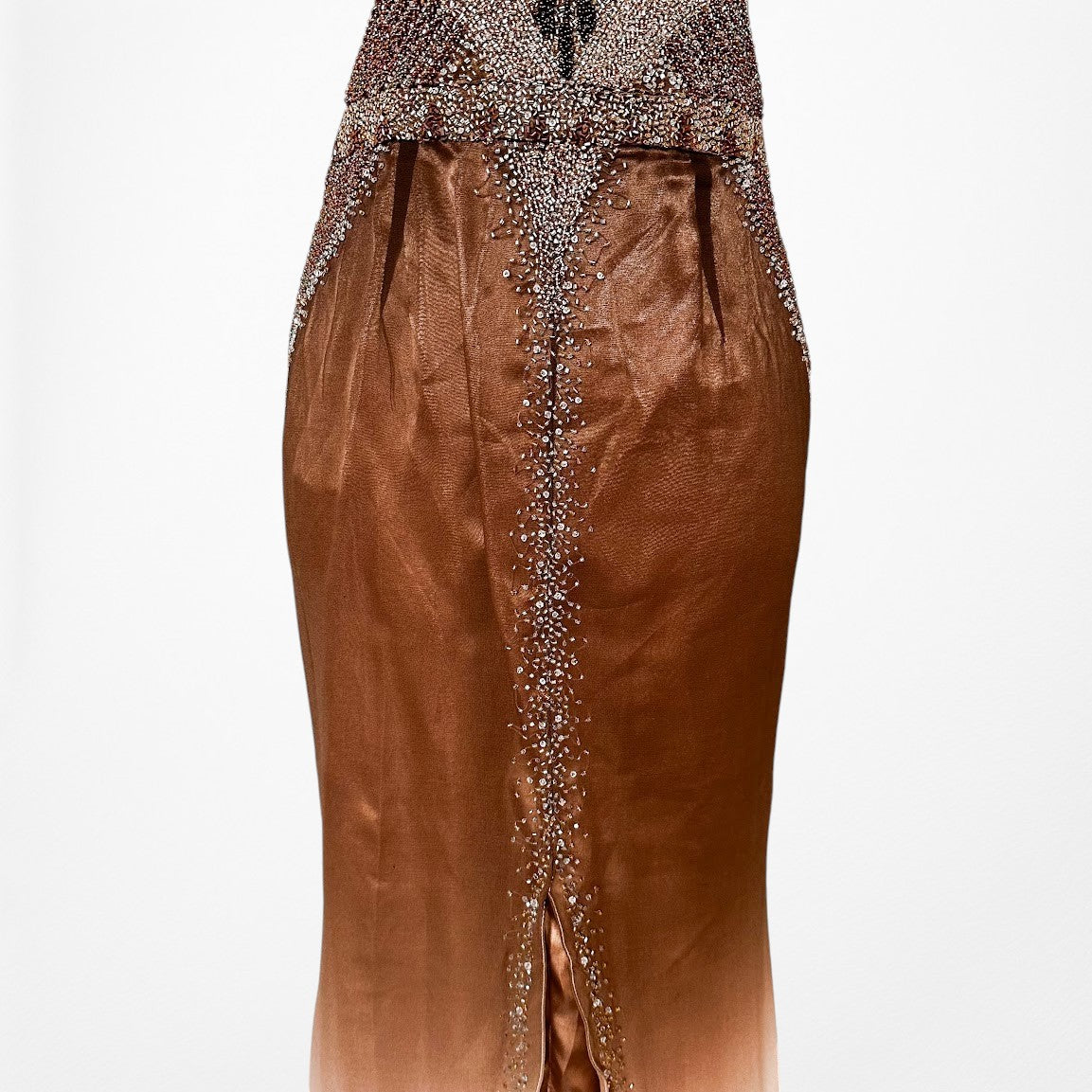 Vintage Y2K Brown Silk Ombre Beaded Halter Front Slit Maxi Prom Dress Size XS/S