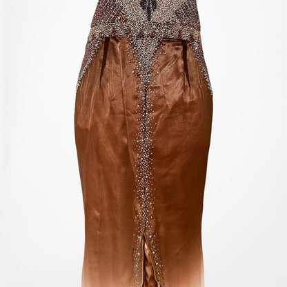 Vintage Y2K Brown Silk Ombre Beaded Halter Front Slit Maxi Prom Dress Size XS/S