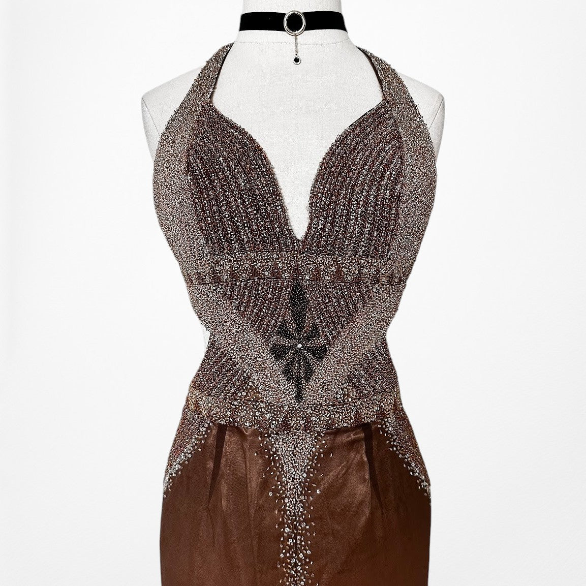Vintage Y2K Brown Silk Ombre Beaded Halter Front Slit Maxi Prom Dress Size XS/S