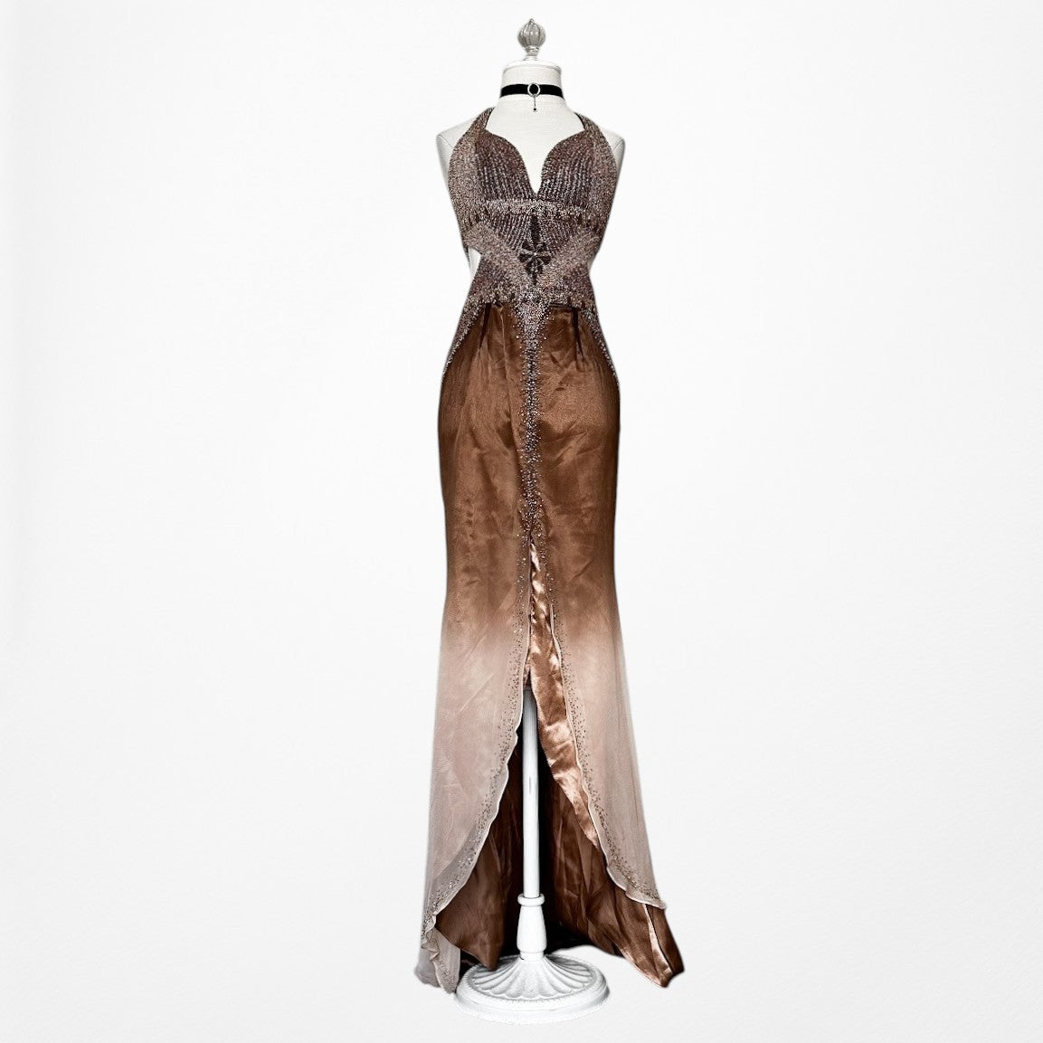 Vintage Y2K Brown Silk Ombre Beaded Halter Front Slit Maxi Prom Dress Size XS/S