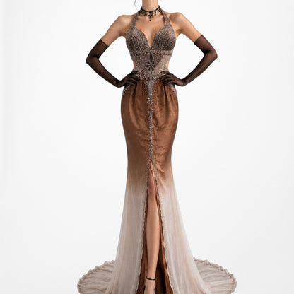 Vintage Y2K Brown Silk Ombre Beaded Halter Front Slit Maxi Prom Dress Size XS/S
