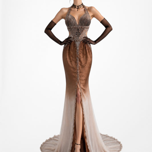 Vintage Y2K Brown Silk Ombre Beaded Halter Front Slit Maxi Prom Dress Size XS/S