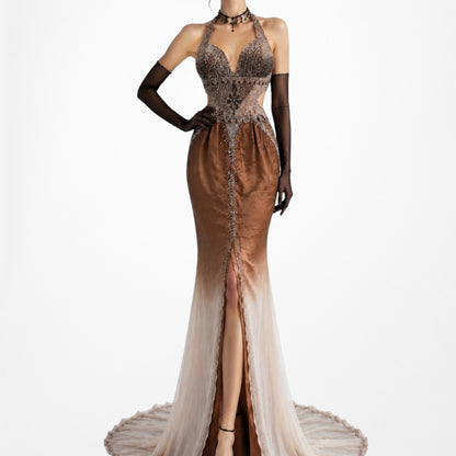 Vintage Y2K Brown Silk Ombre Beaded Halter Front Slit Maxi Prom Dress Size XS/S