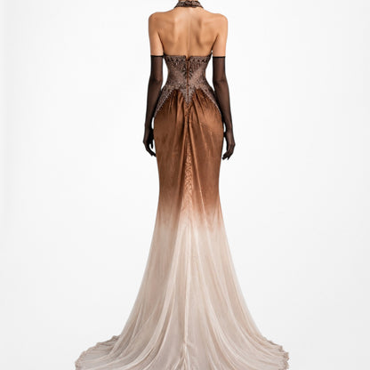 Vintage Y2K Brown Silk Ombre Beaded Halter Front Slit Maxi Prom Dress Size XS/S