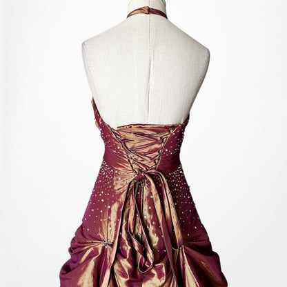 Vintage Y2K Copper Brown Halter Beaded Satin Flared Maxi Prom Dress Size XS/S