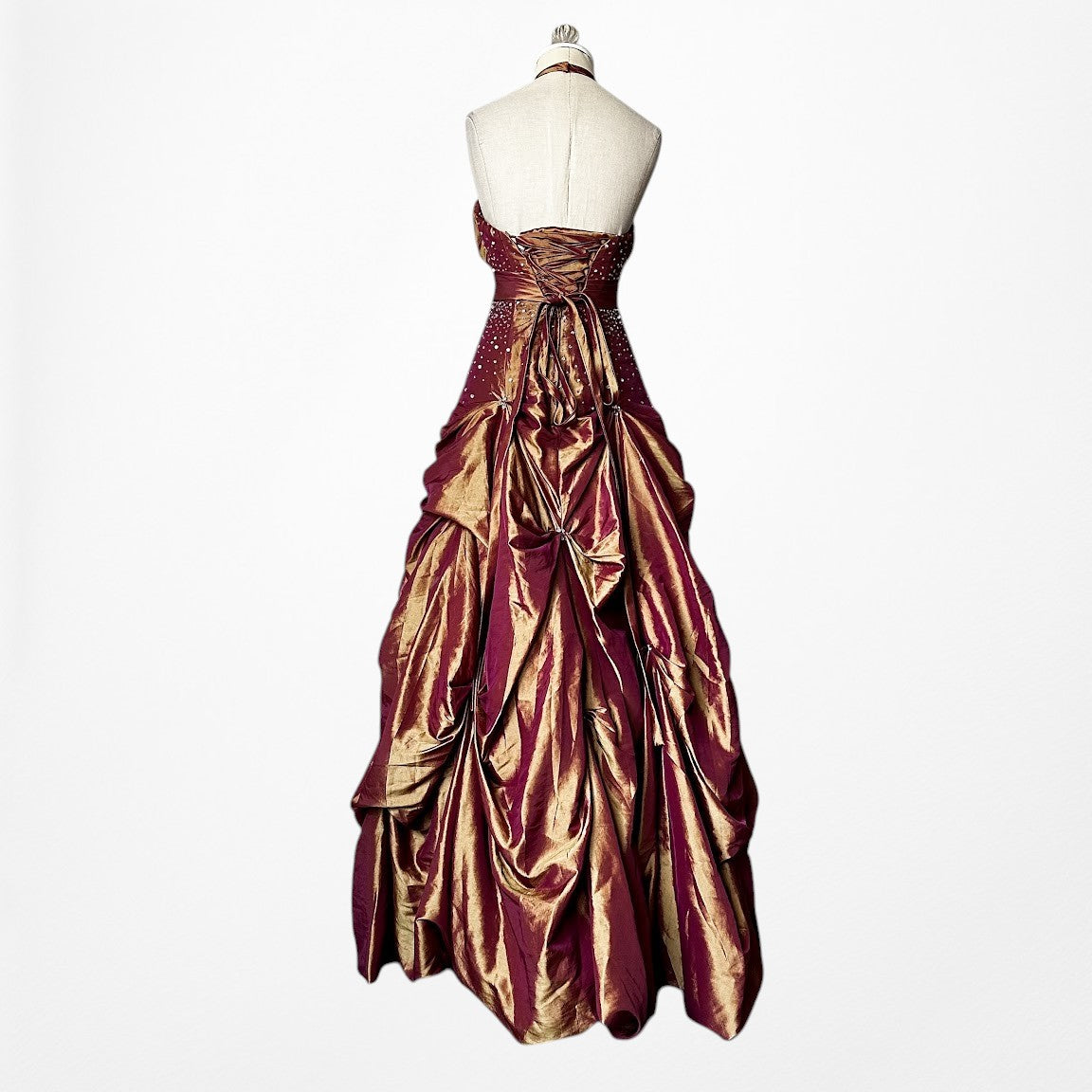 Vintage Y2K Copper Brown Halter Beaded Satin Flared Maxi Prom Dress Size XS/S