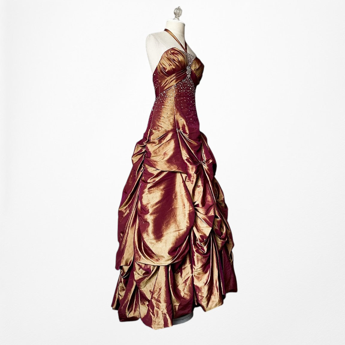 Vintage Y2K Copper Brown Halter Beaded Satin Flared Maxi Prom Dress Size XS/S