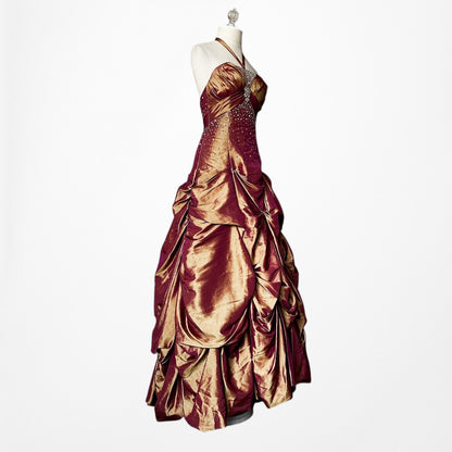 Vintage Y2K Copper Brown Halter Beaded Satin Flared Maxi Prom Dress Size XS/S