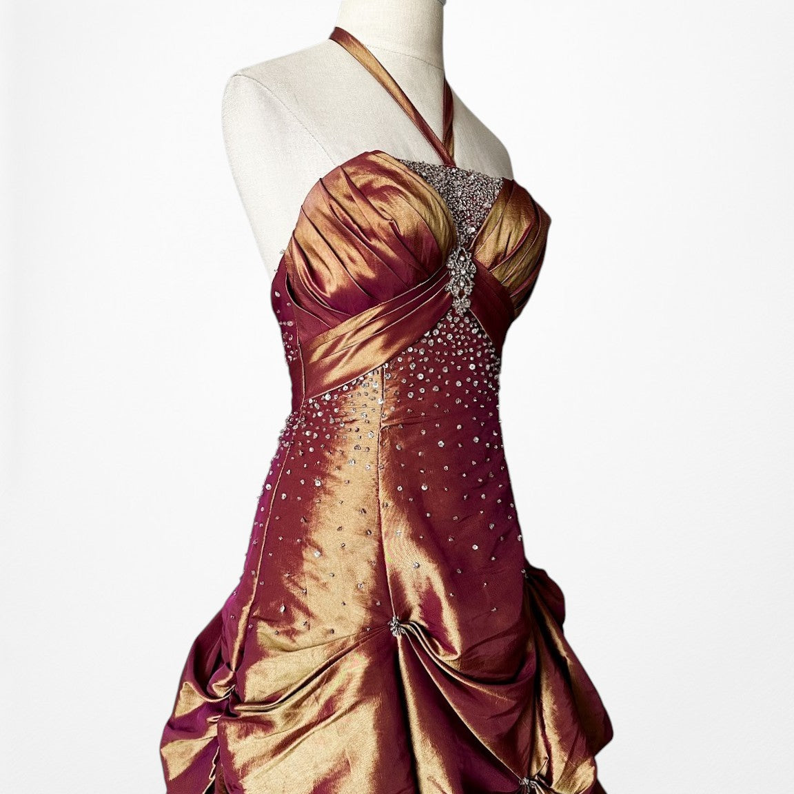 Vintage Y2K Copper Brown Halter Beaded Satin Flared Maxi Prom Dress Size XS/S