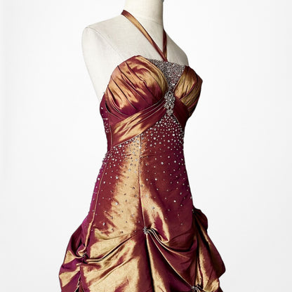 Vintage Y2K Copper Brown Halter Beaded Satin Flared Maxi Prom Dress Size XS/S