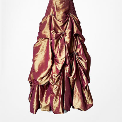 Vintage Y2K Copper Brown Halter Beaded Satin Flared Maxi Prom Dress Size XS/S