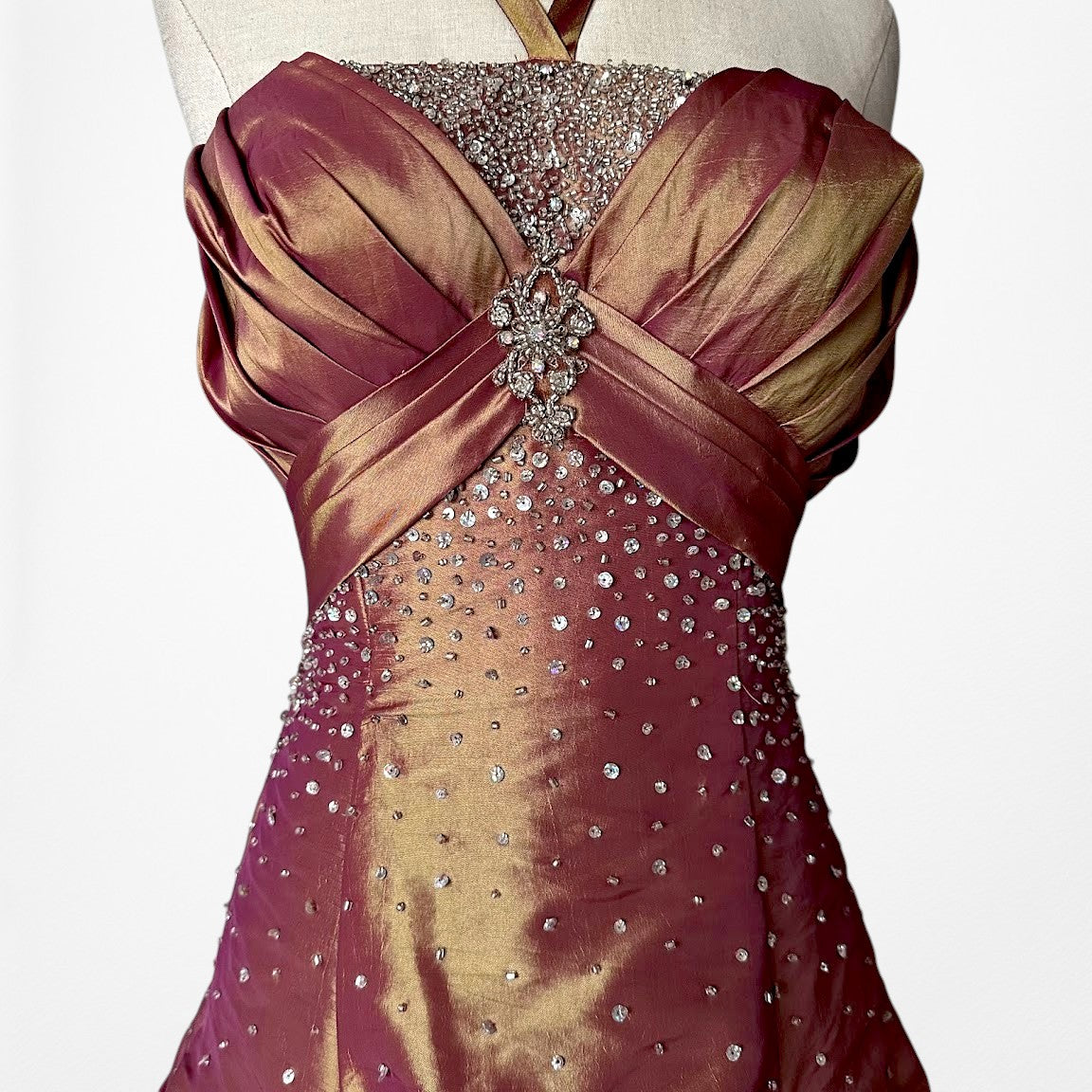 Vintage Y2K Copper Brown Halter Beaded Satin Flared Maxi Prom Dress Size XS/S