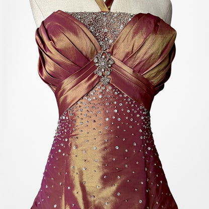 Vintage Y2K Copper Brown Halter Beaded Satin Flared Maxi Prom Dress Size XS/S