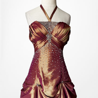 Vintage Y2K Copper Brown Halter Beaded Satin Flared Maxi Prom Dress Size XS/S