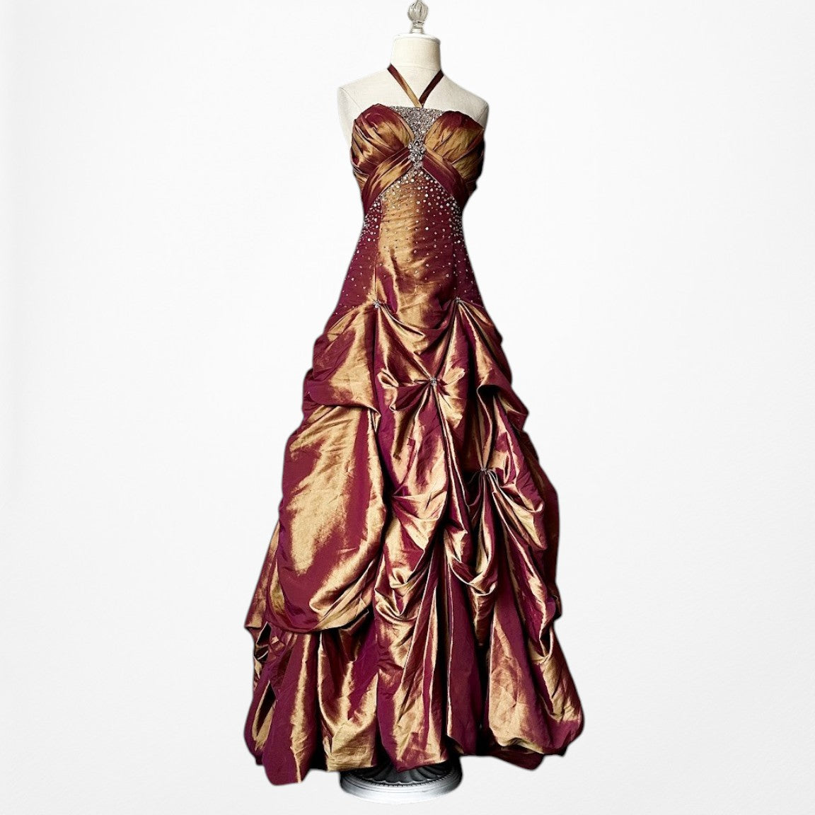 Vintage Y2K Copper Brown Halter Beaded Satin Flared Maxi Prom Dress Size XS/S