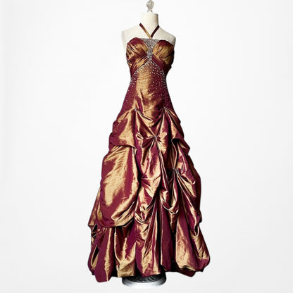 Vintage Y2K Copper Brown Halter Beaded Satin Flared Maxi Prom Dress Size XS/S