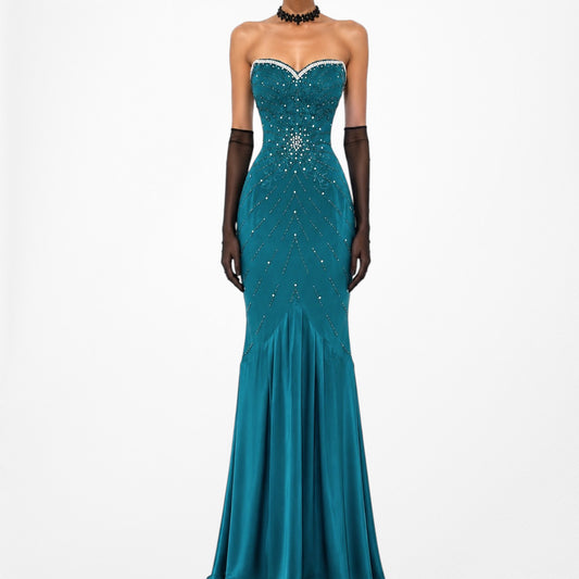 Vintage Y2K Blue Strapless Beaded Corset Maxi Prom Formal Dress Size XXS/XS