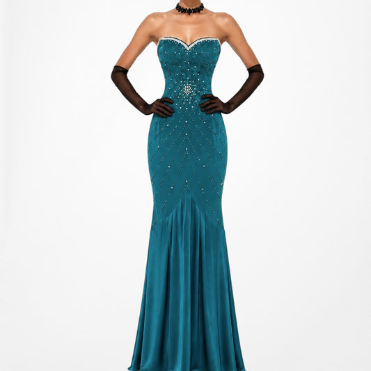 Vintage Y2K Blue Strapless Beaded Corset Maxi Prom Formal Dress Size XXS/XS