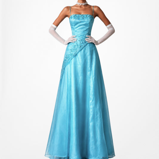Vintage Y2K Blue Floral Beaded Mesh Flared Tulle Prom Maxi Formal Dress Size S