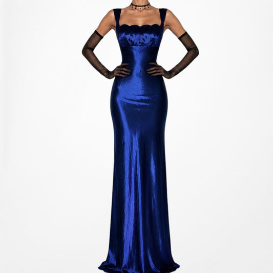 Vintage Y2K Blue Satin Fit Flared Maxi Formal Prom Dress Size S/M