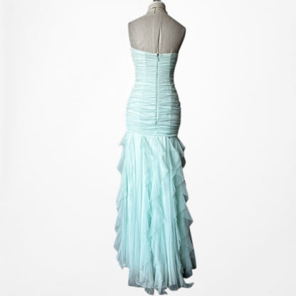 Vintage Y2K Mint Blue Strapless Beaded Mesh Ruffle Maxi Formal Prom Dress XS/S