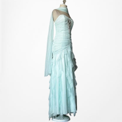 Vintage Y2K Mint Blue Strapless Beaded Mesh Ruffle Maxi Formal Prom Dress XS/S