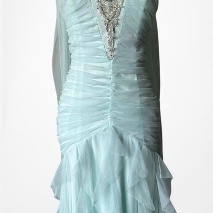 Vintage Y2K Mint Blue Strapless Beaded Mesh Ruffle Maxi Formal Prom Dress XS/S