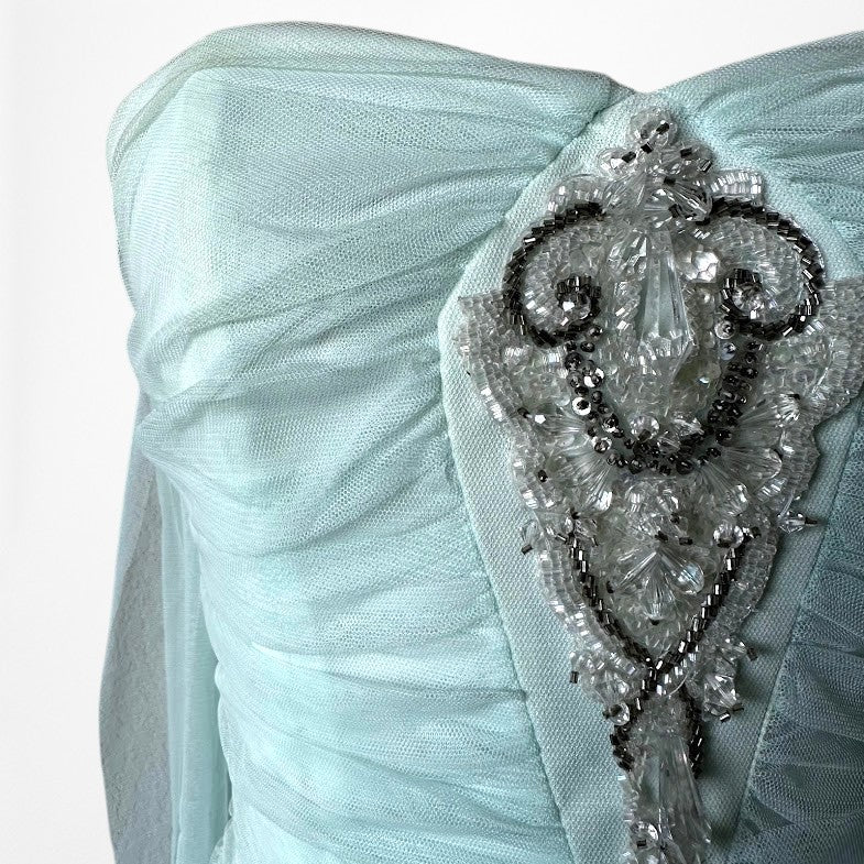 Vintage Y2K Mint Blue Strapless Beaded Mesh Ruffle Maxi Formal Prom Dress XS/S