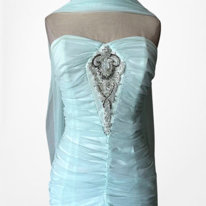 Vintage Y2K Mint Blue Strapless Beaded Mesh Ruffle Maxi Formal Prom Dress XS/S