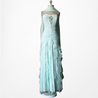 Vintage Y2K Mint Blue Strapless Beaded Mesh Ruffle Maxi Formal Prom Dress XS/S