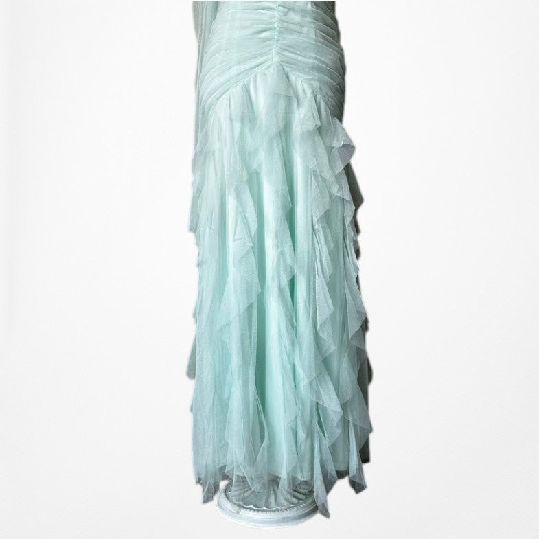 Vintage Y2K Mint Blue Strapless Beaded Mesh Ruffle Maxi Formal Prom Dress XS/S