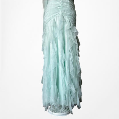 Vintage Y2K Mint Blue Strapless Beaded Mesh Ruffle Maxi Formal Prom Dress XS/S