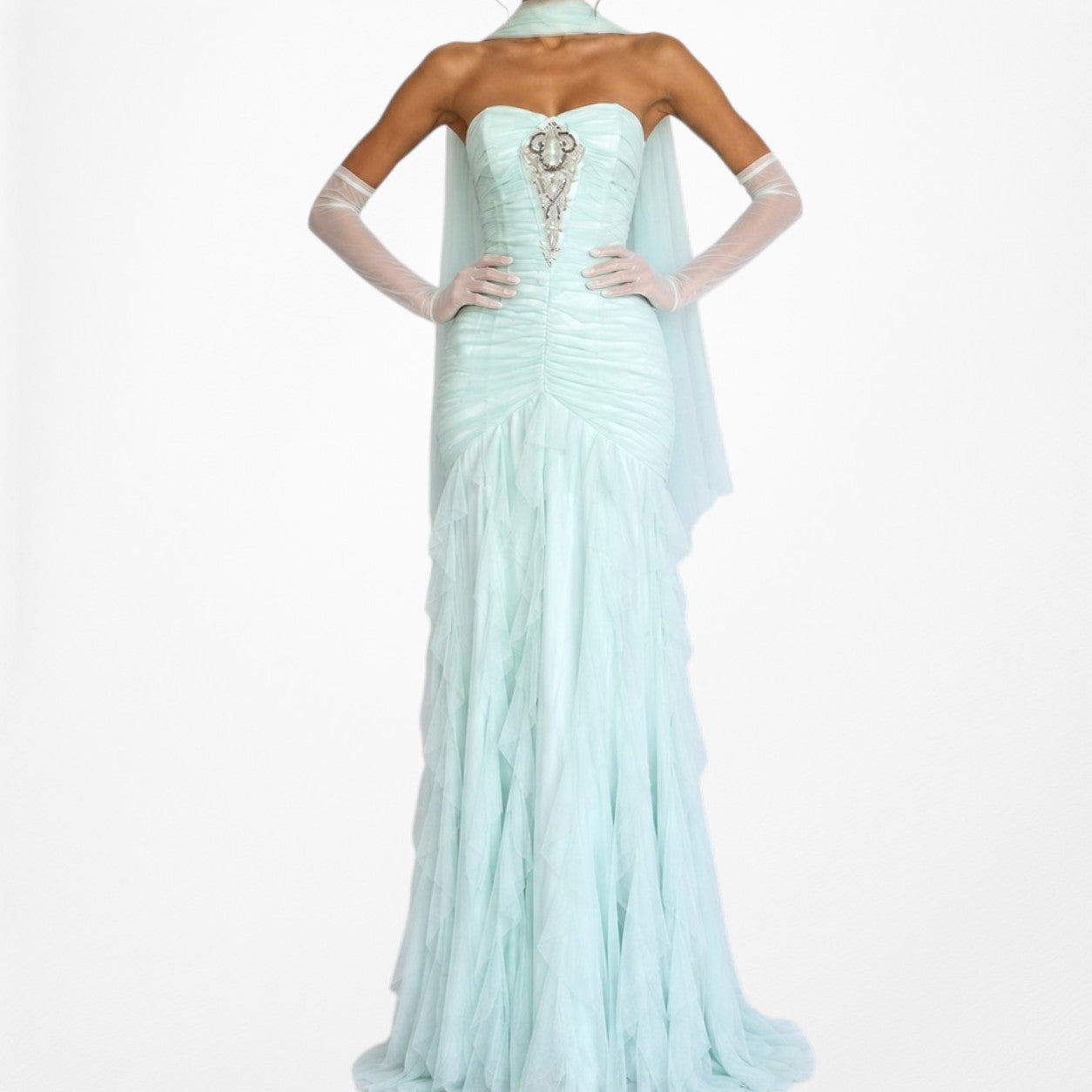 Vintage Y2K Mint Blue Strapless Beaded Mesh Ruffle Maxi Formal Prom Dress XS/S