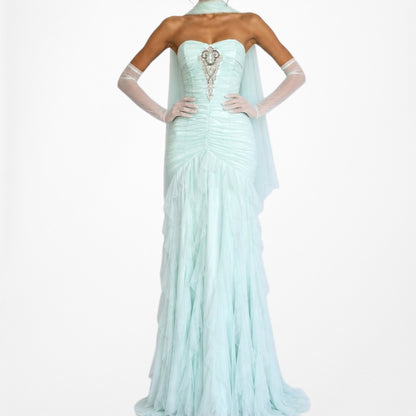Vintage Y2K Mint Blue Strapless Beaded Mesh Ruffle Maxi Formal Prom Dress XS/S