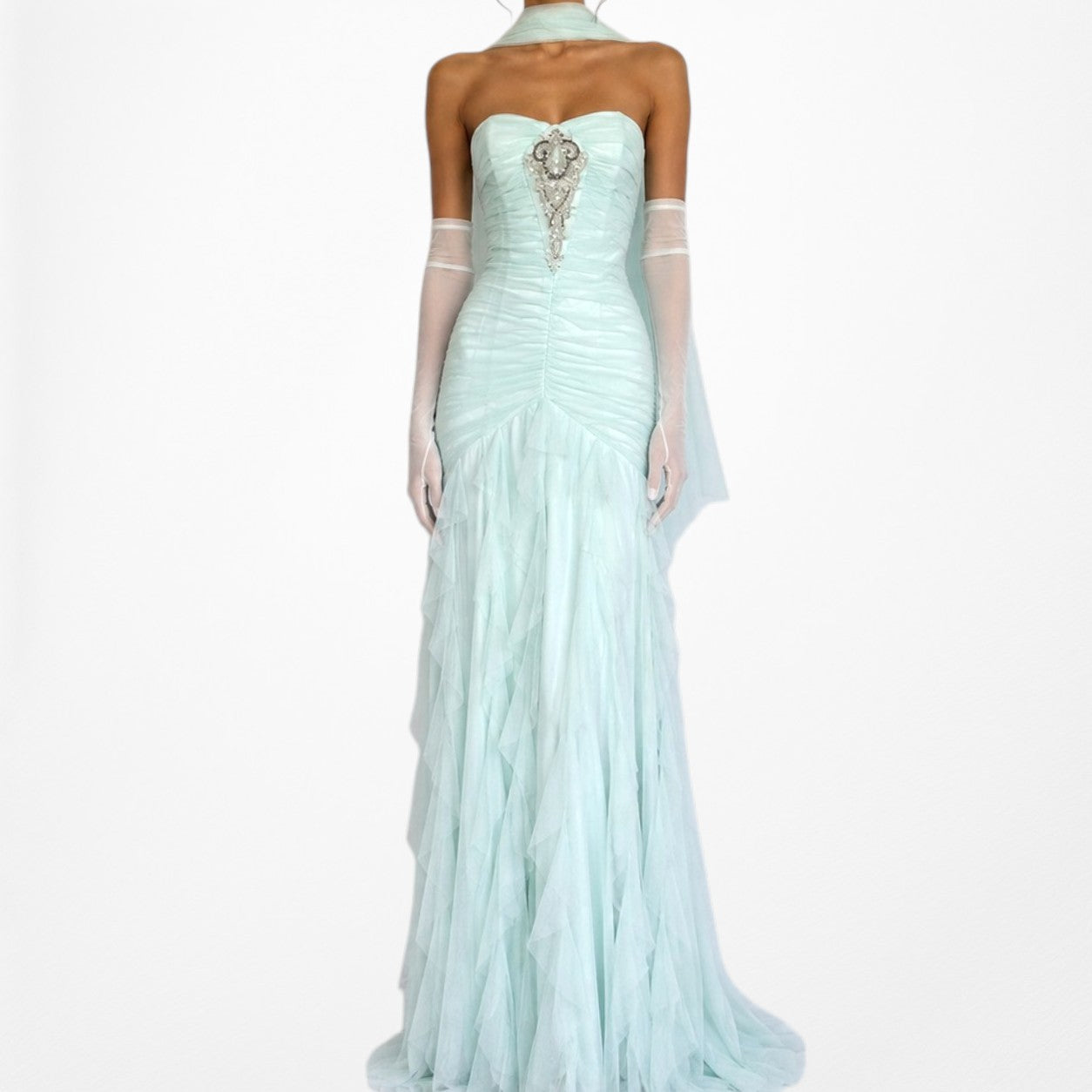 Vintage Y2K Mint Blue Strapless Beaded Mesh Ruffle Maxi Formal Prom Dress XS/S