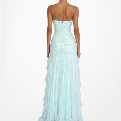 Vintage Y2K Mint Blue Strapless Beaded Mesh Ruffle Maxi Formal Prom Dress XS/S
