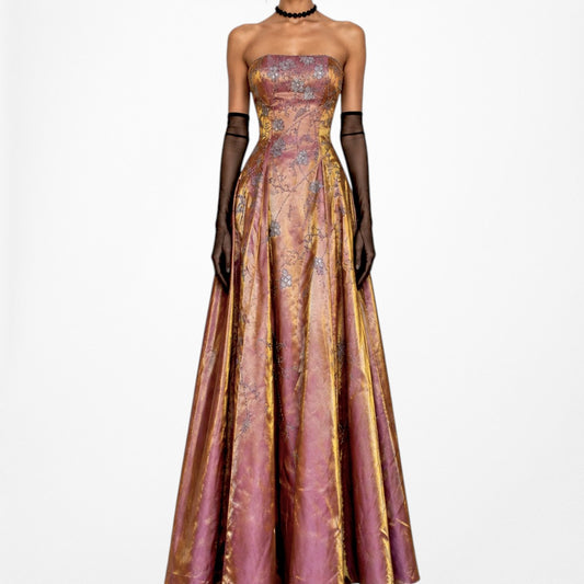 Vintage Y2K Metallic Pink Floral Beaded Flared Strapless Maxi Prom Dress Size XS